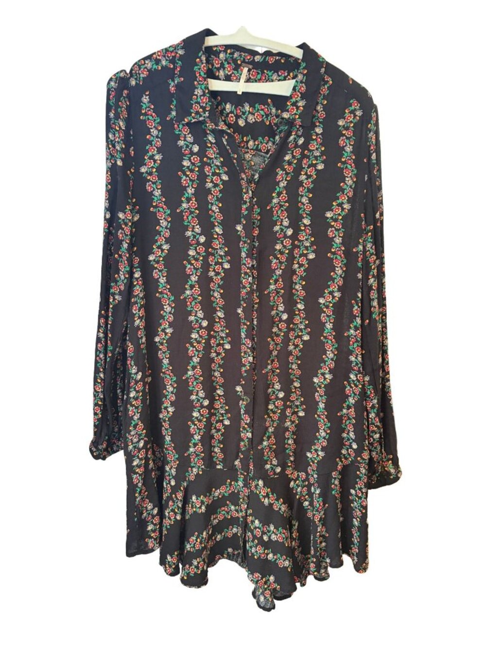 Free People Dark Romance Black Floral Stripe Shirt Dress Size Large